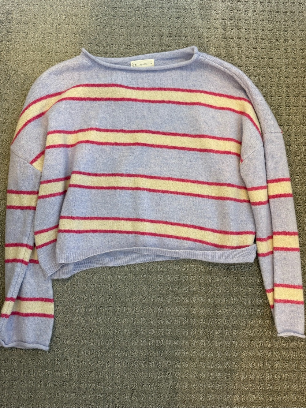 By Together Lavender Cropped Crewneck Sweater with Pink and Cream Stripes